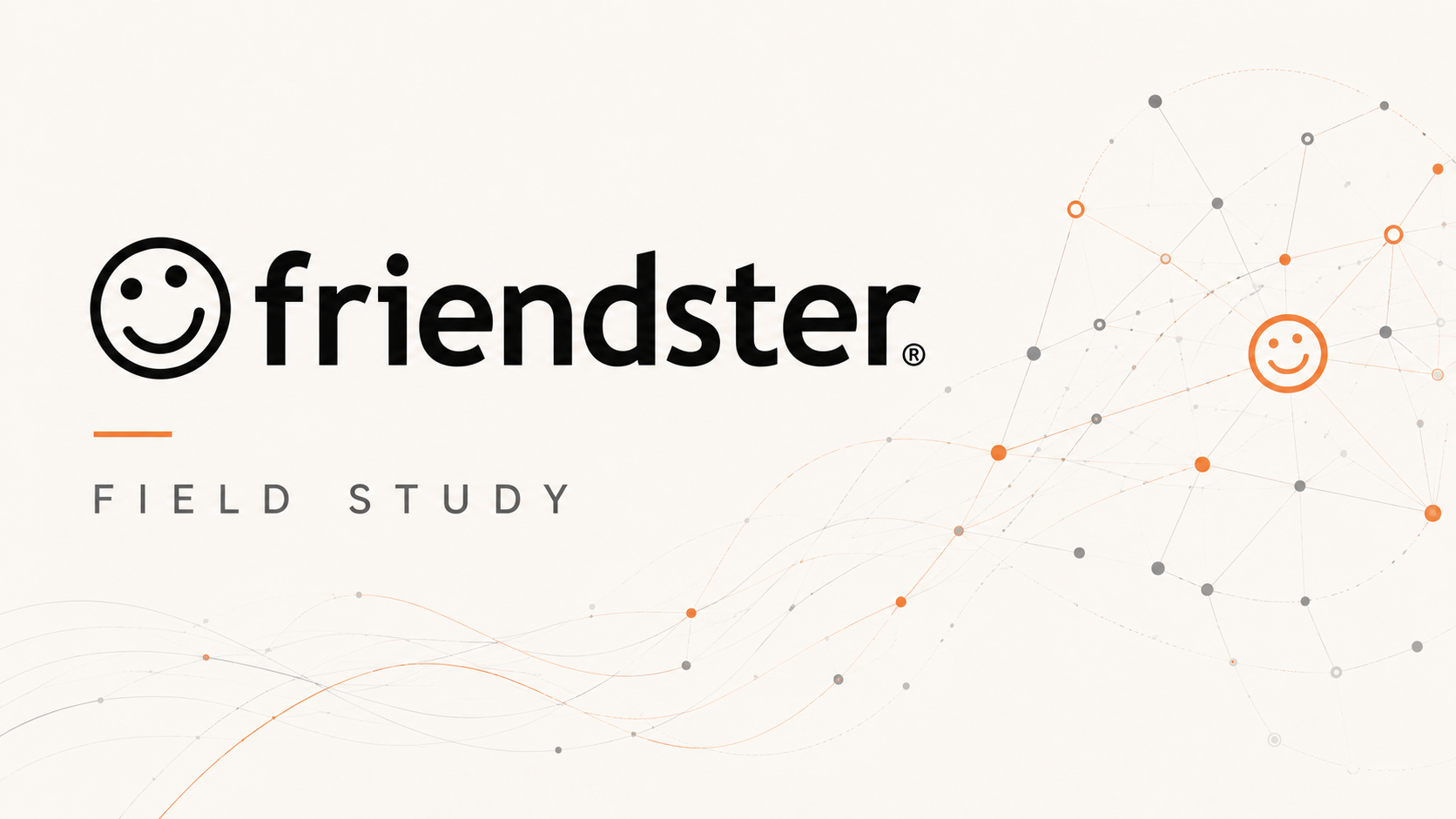 Abstract concentric social graph connections surrounding the Friendster smiley logo on a soft off-white background.