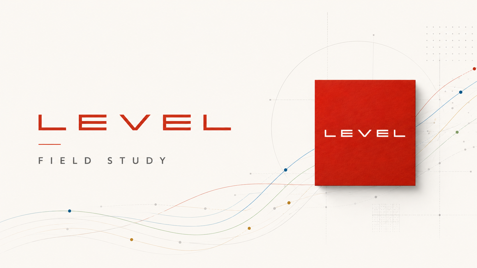 Abstract mobile interface geometry and connected behavioral patterns surrounding the LEVEL Studios logo on a soft off-white background.