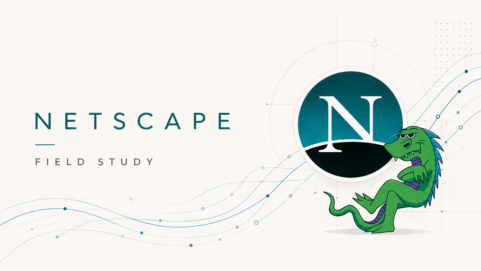 Abstract browser windows, messaging signals, and connected interface geometry surrounding the Netscape logo on a soft off-white background.
