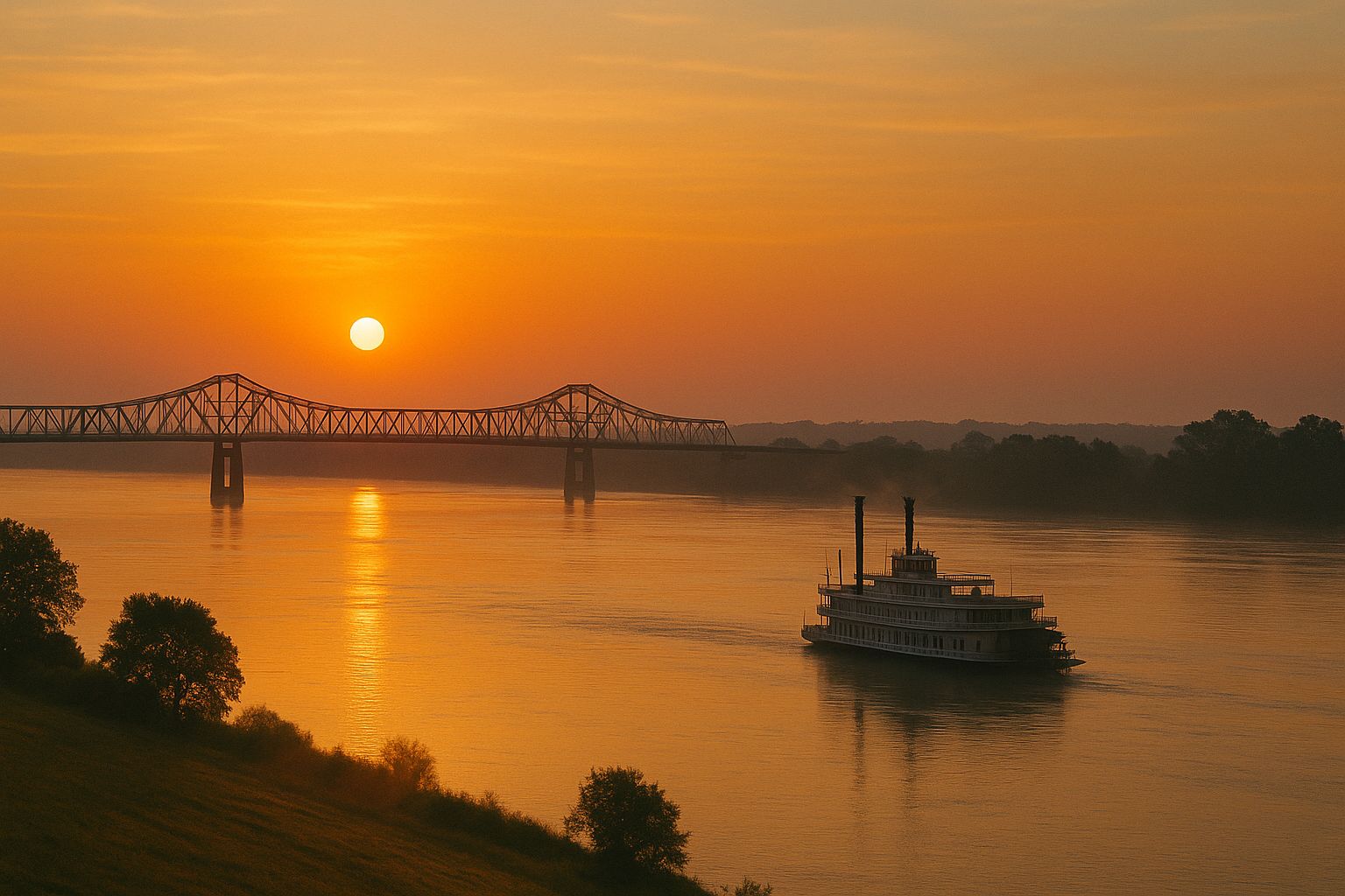 A quiet river at golden hour, a single vessel moving forward through still water toward an open horizon