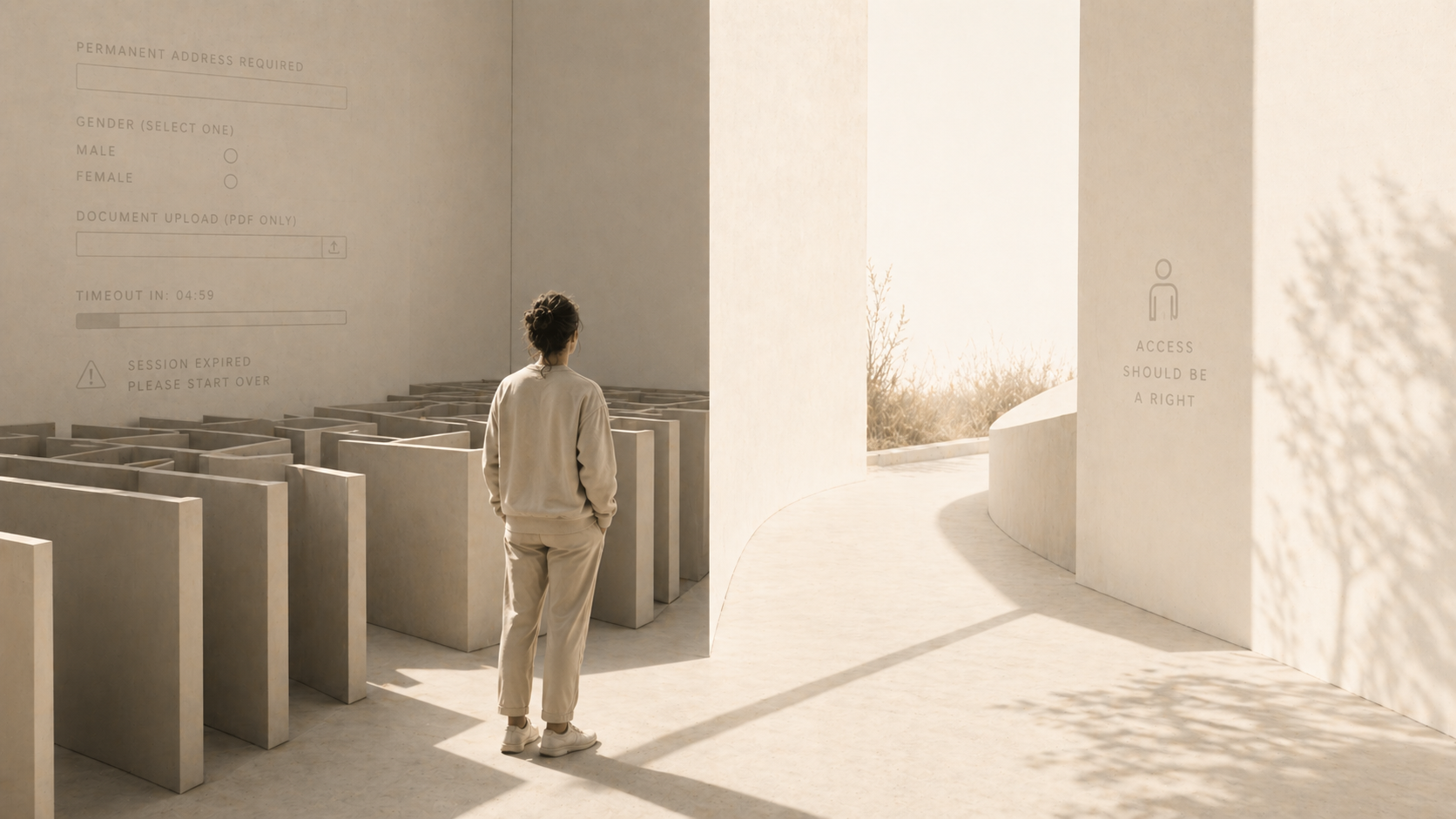 A solitary figure stands between a maze of rigid partitions and an open path leading into light, symbolizing the contrast between systemic constraint and equitable access