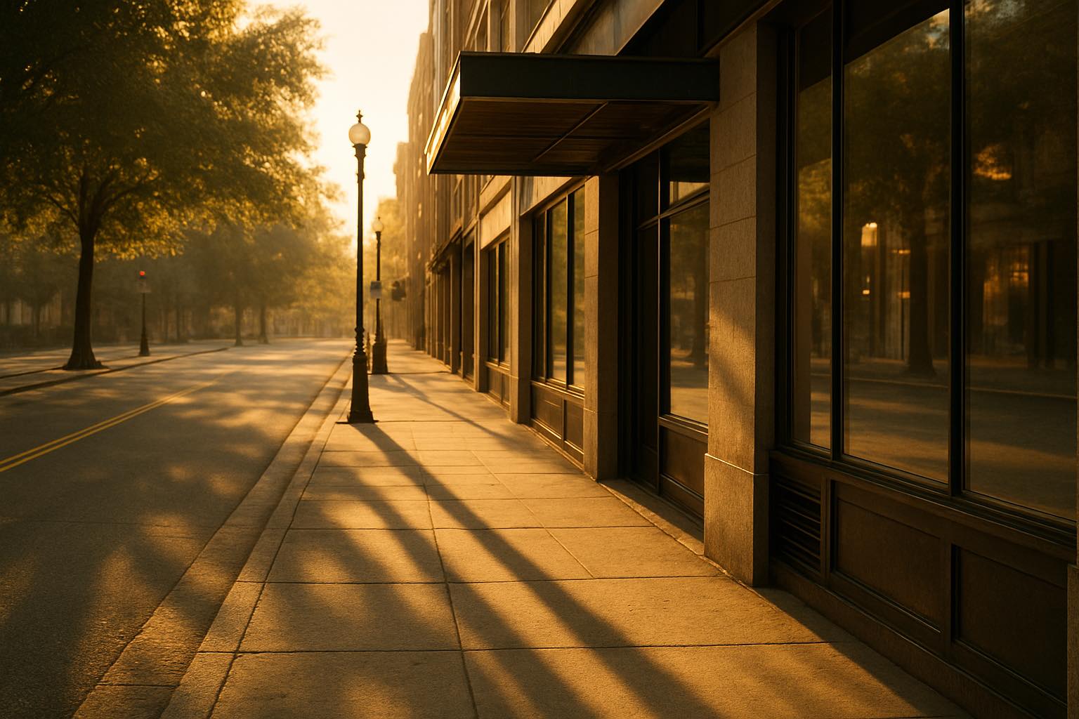 A quiet city street at sunrise, long shadows stretching across the sidewalk, suggesting solitude, reflection, and forward motion