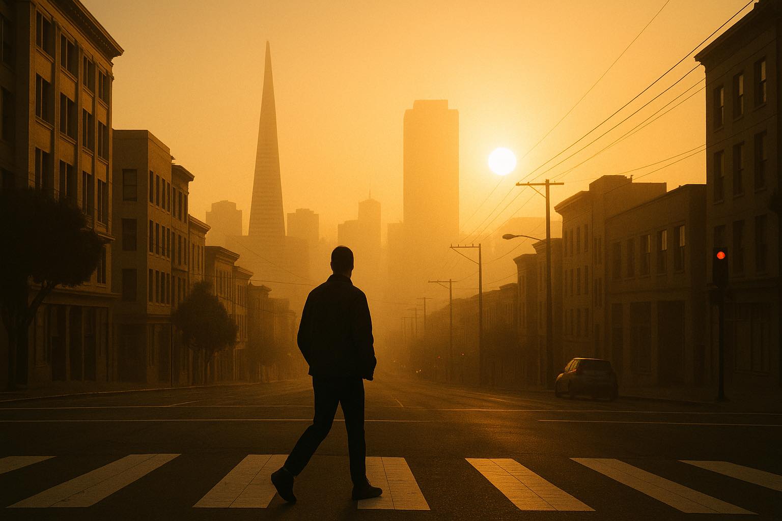 A solitary figure crossing an empty city street at sunrise, skyline silhouetted in warm light