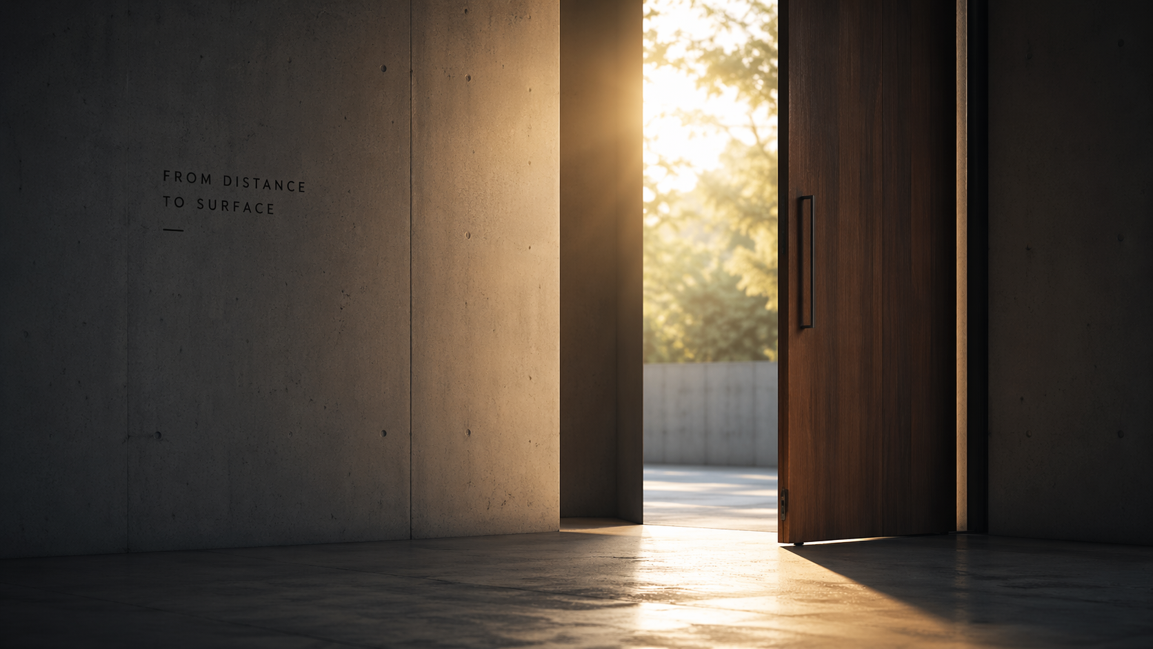 Partially open door in a quiet, minimalist space with warm light spilling in, suggesting transition, access, and crossing a threshold