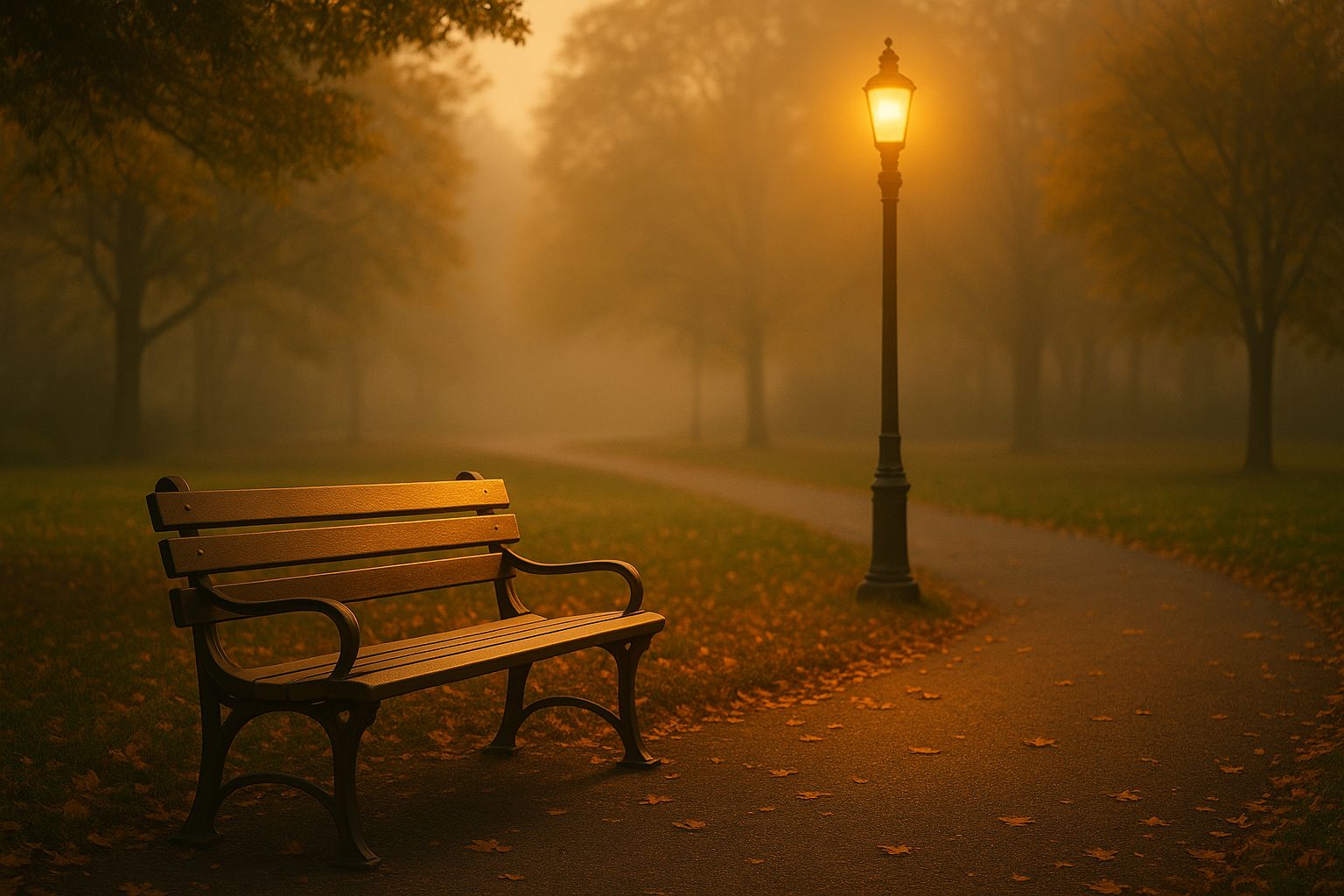 An empty park bench beside a softly glowing lamppost in a misty autumn setting