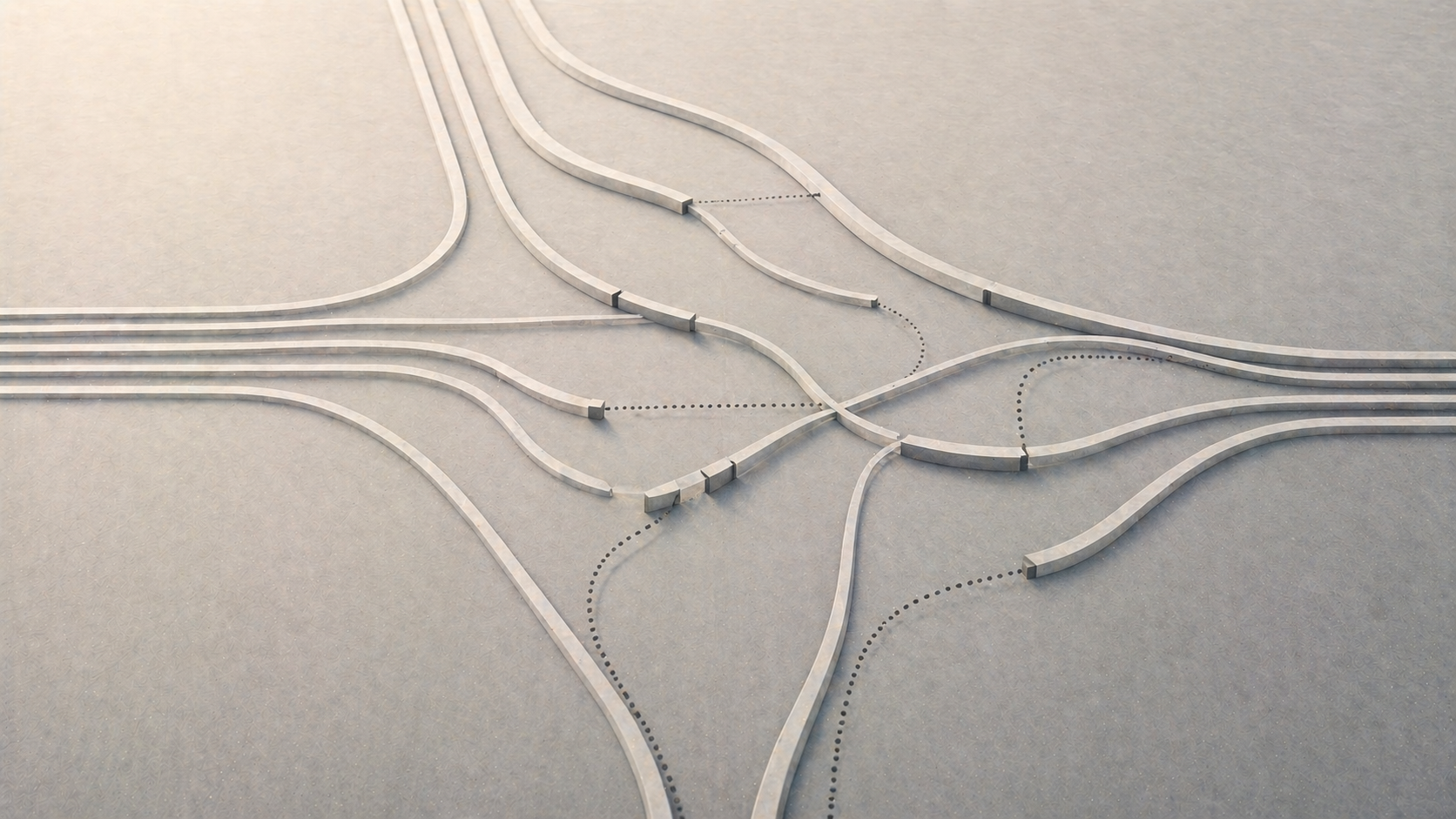 A minimalist abstract surface with multiple structured paths, subtle interruptions, and dotted alternative routes, suggesting deliberate decision points rather than a single predetermined outcome.
