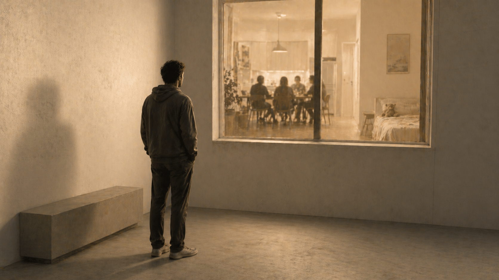 A solitary figure stands outside a softly lit room, looking in through a window at others gathered inside, symbolizing distance, erasure, and quiet observation