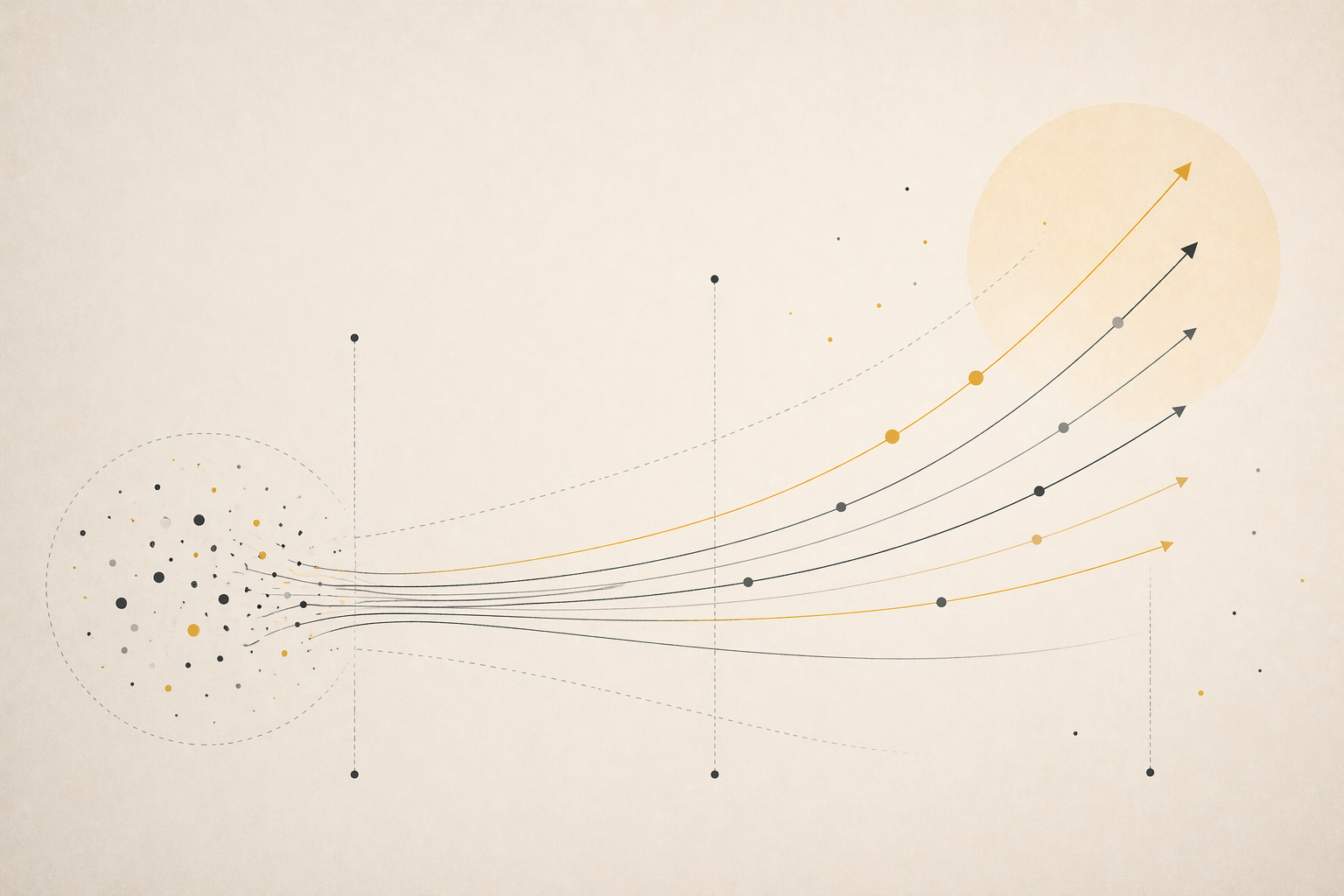 Minimal abstract composition showing a rising curve emerging from constraint into expansion