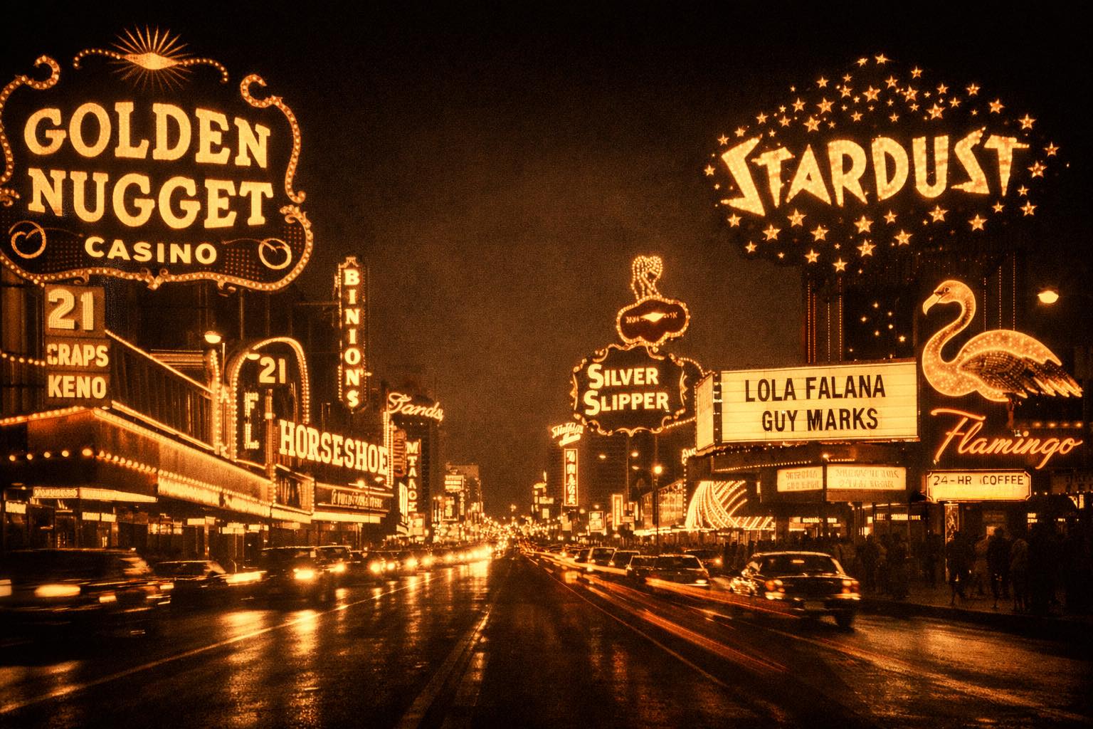 Vintage Las Vegas at night with glowing casino signs and traffic along the Strip, evoking energy, decision, and consequence over time.