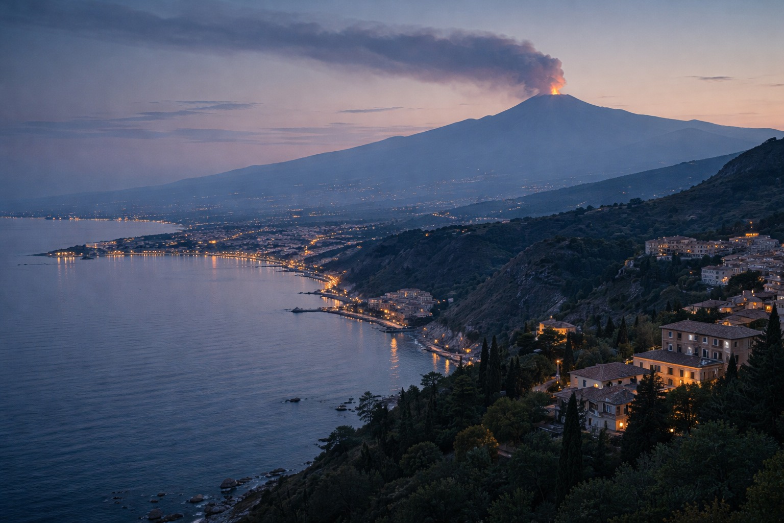 A coastal town at dusk beneath an active volcano, smoke rising as lights begin to glow along the shoreline.