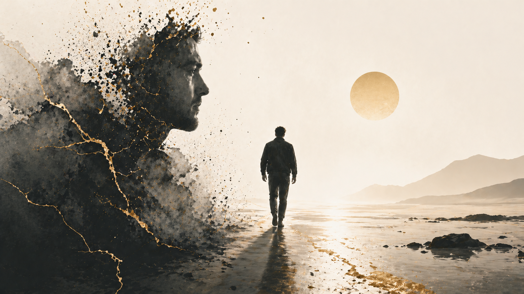 A lone figure walking forward into light while a fragmented silhouette dissolves behind them, symbolizing release, accountability, and personal healing