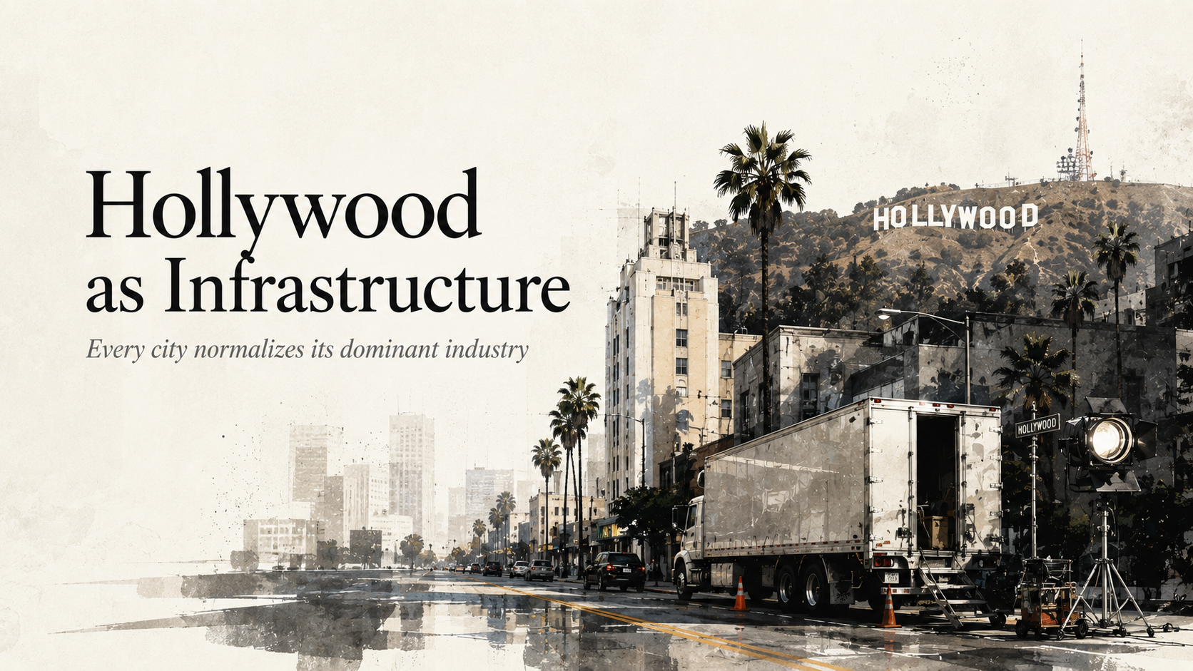 A layered Los Angeles streetscape where production trucks, diners, palm trees, and apartment buildings blend into ordinary city life.