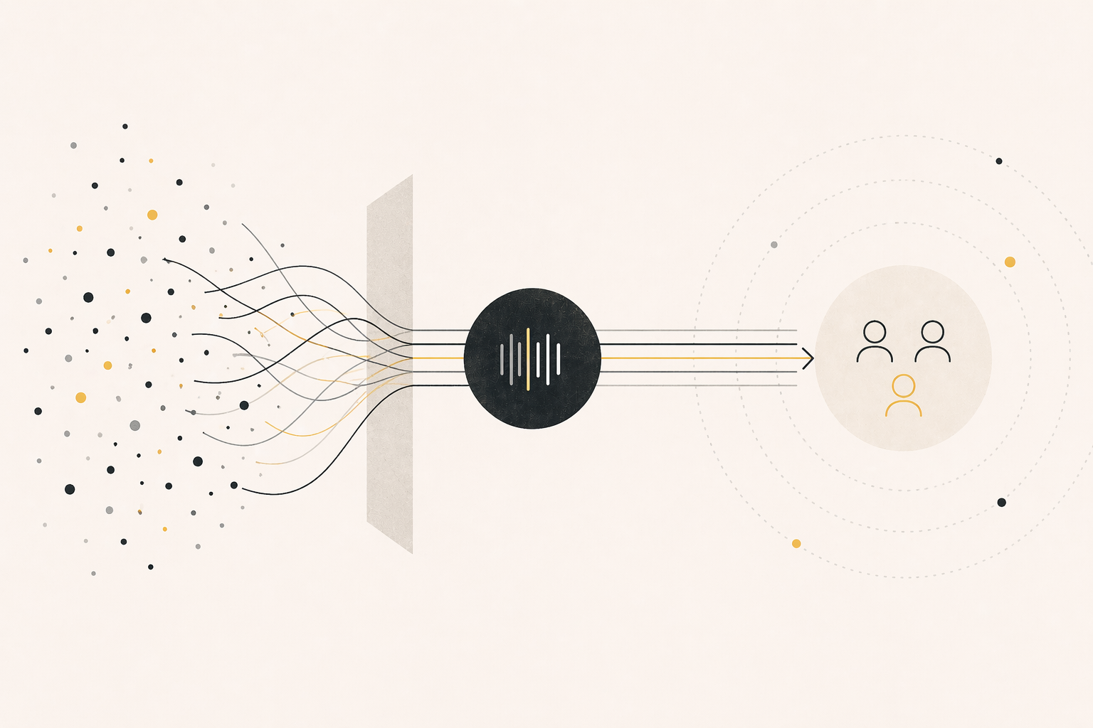 Minimal abstract composition showing signal strengthening into clarity and alignment