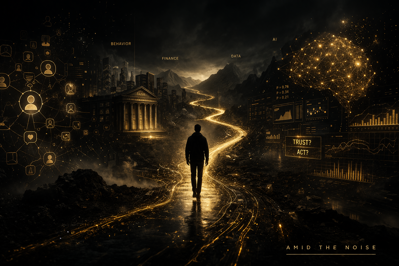 A lone figure walking along a glowing path through a landscape of finance, data, and AI systems, surrounded by signals and networks