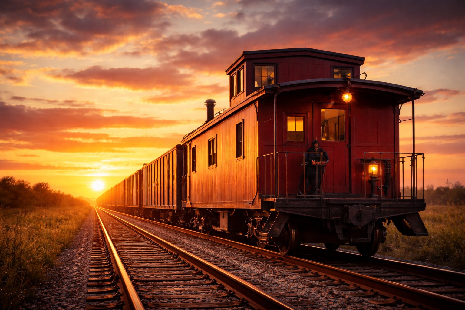 A red caboose at the end of a freight train at sunset, with a conductor standing on the rear platform watching the tracks behind.