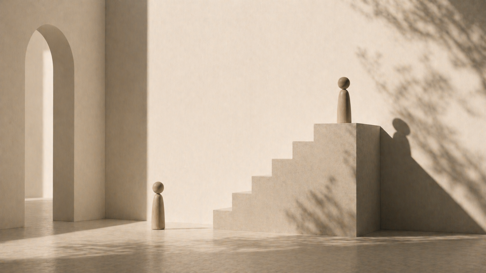 Two minimal figures in a quiet architectural space, one elevated on steps and one below, symbolizing the difference between authority and influence