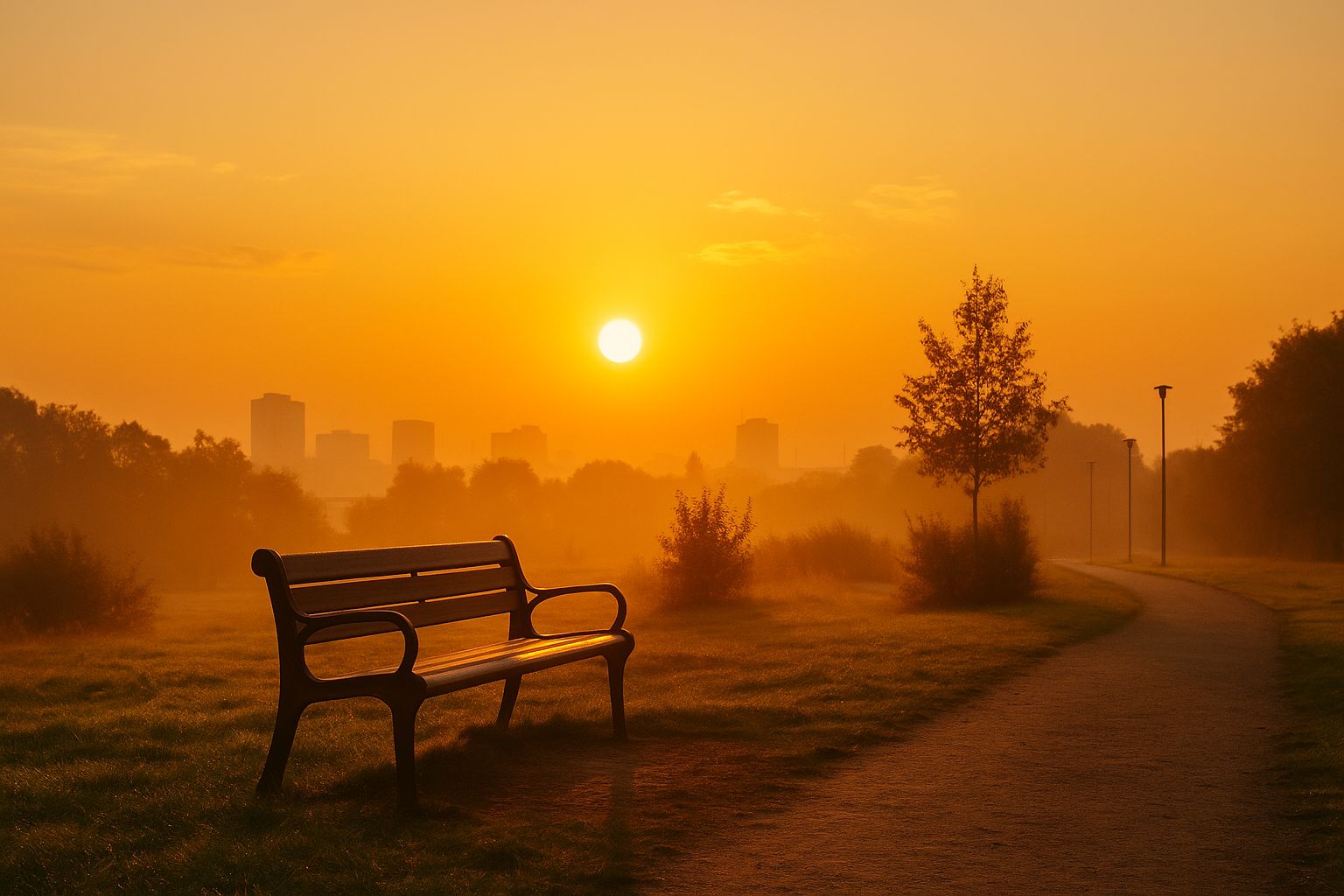 An empty park bench at sunrise, bathed in warm light with a quiet path leading forward
