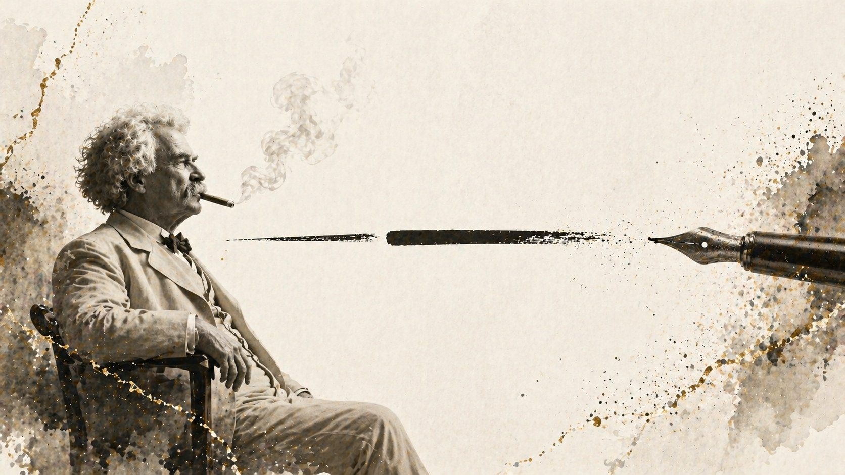 A vintage-style portrait of a writer facing a fountain pen across a bold ink stroke, symbolizing influence, authorship, and the evolution of voice