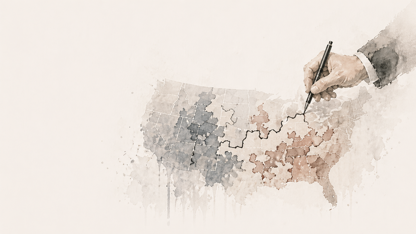 A hand drawing distorted district lines across a muted map of the United States