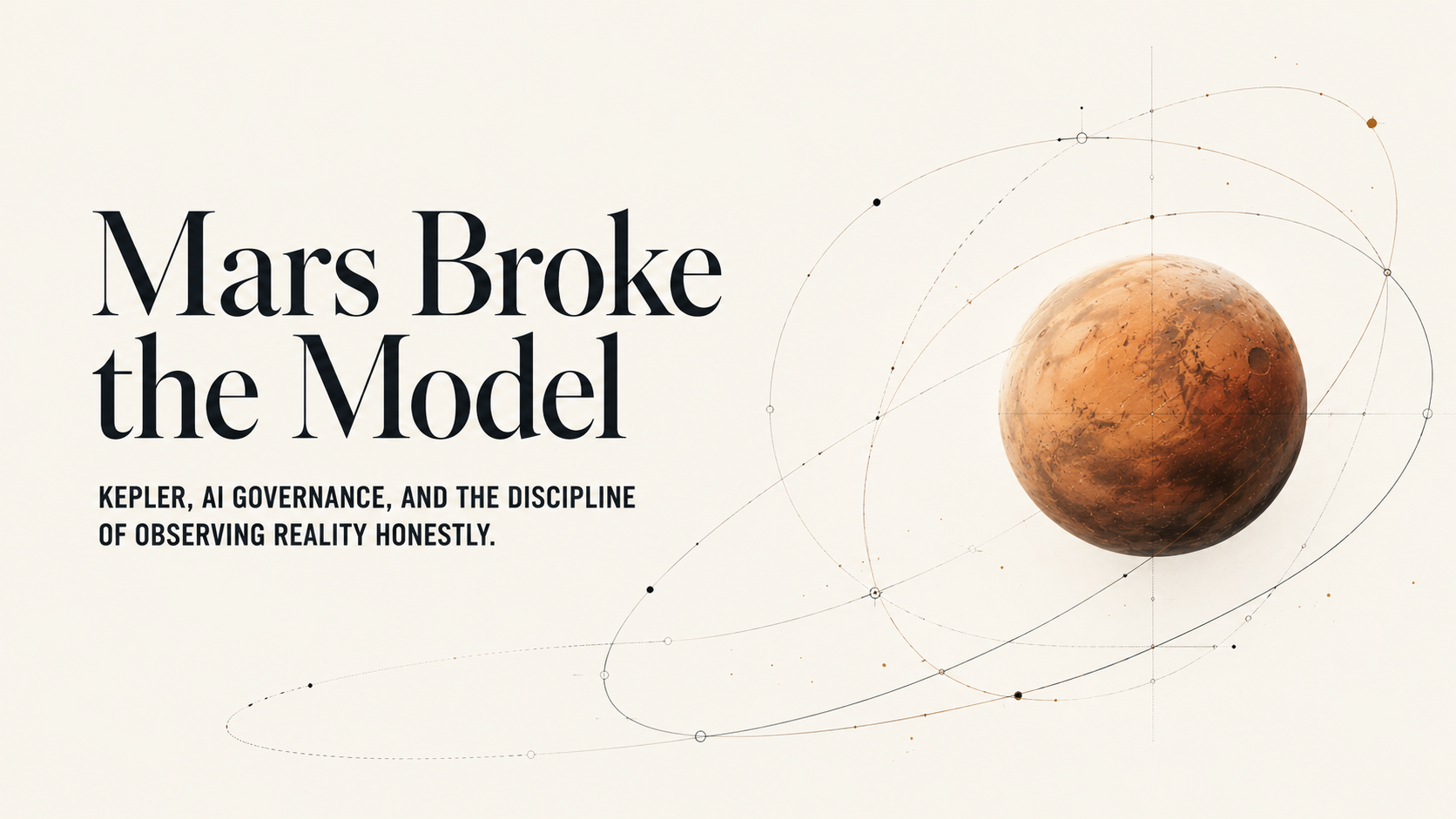 Abstract editorial illustration inspired by orbital mechanics, AI governance, and observational systems thinking.