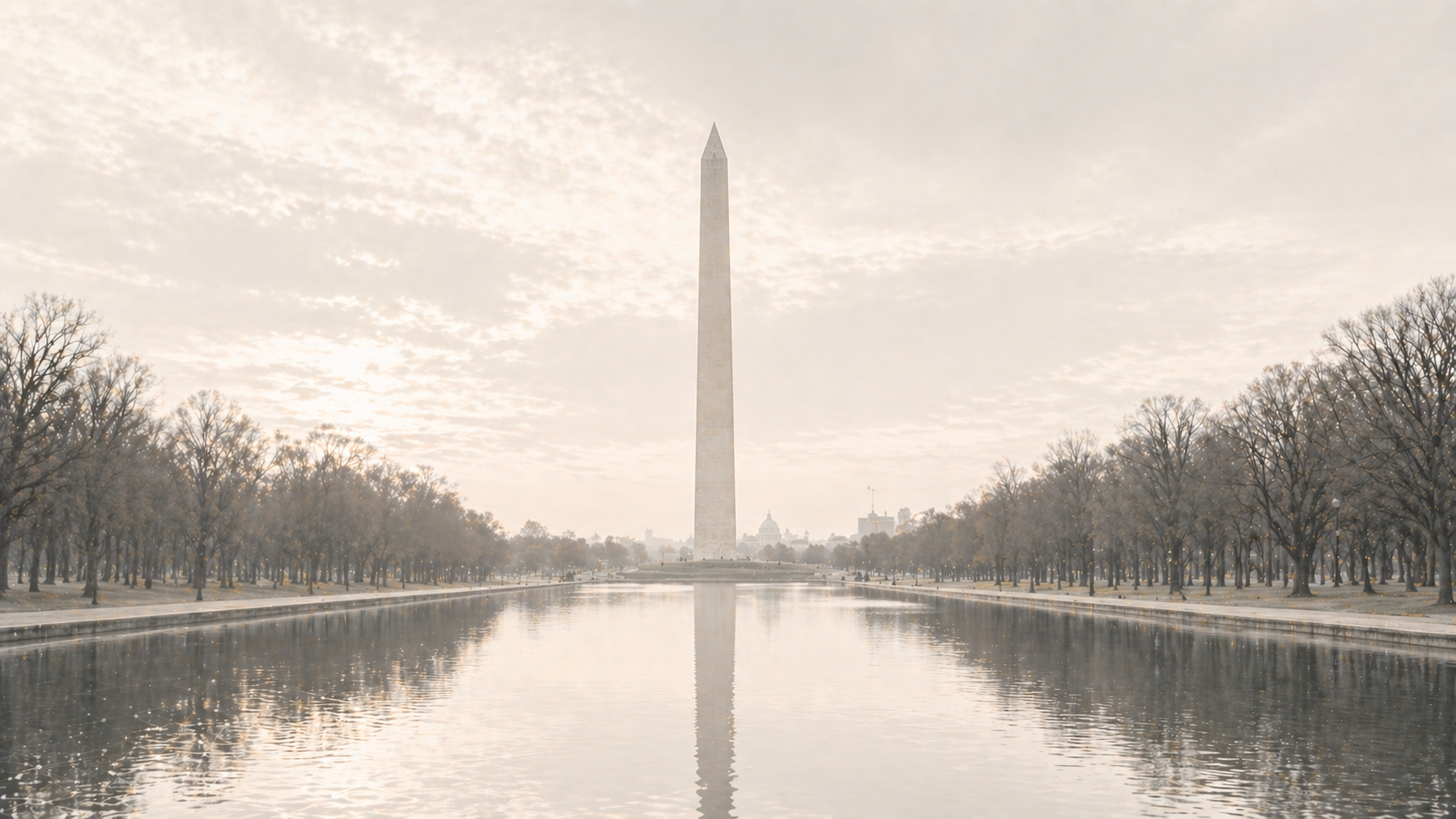 Reflecting Pool on the National Mall with the Washington Monument centered and the U.S. Capitol in the distance at sunrise