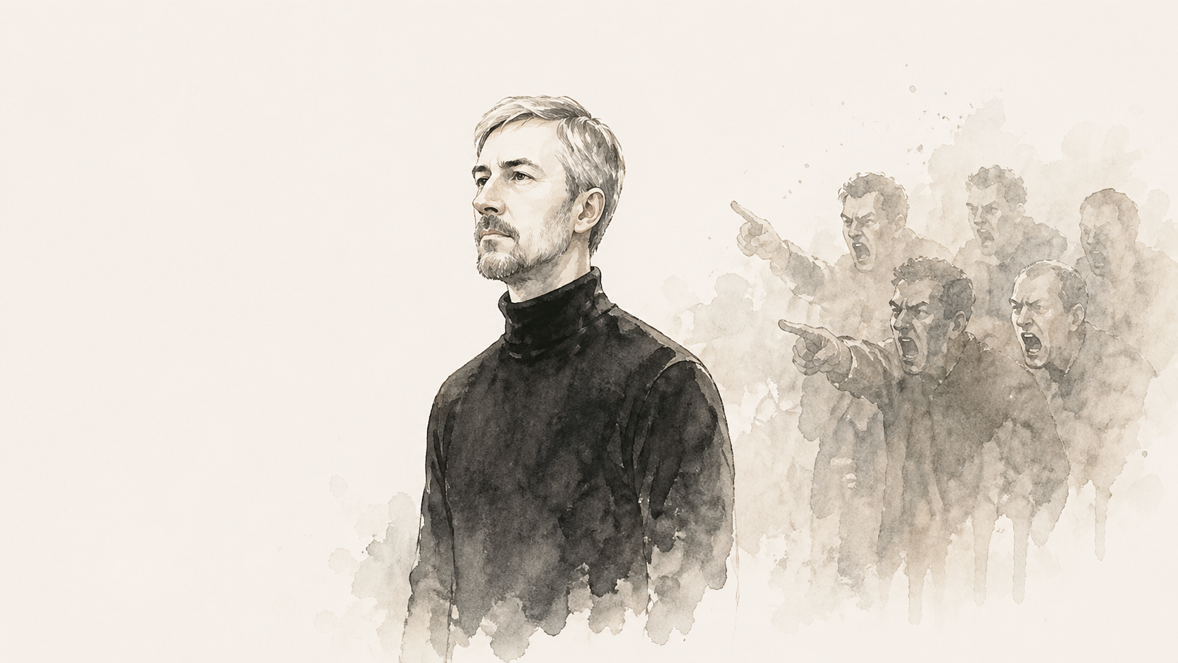 A solitary figure standing calmly while a blurred crowd gestures and shouts behind him