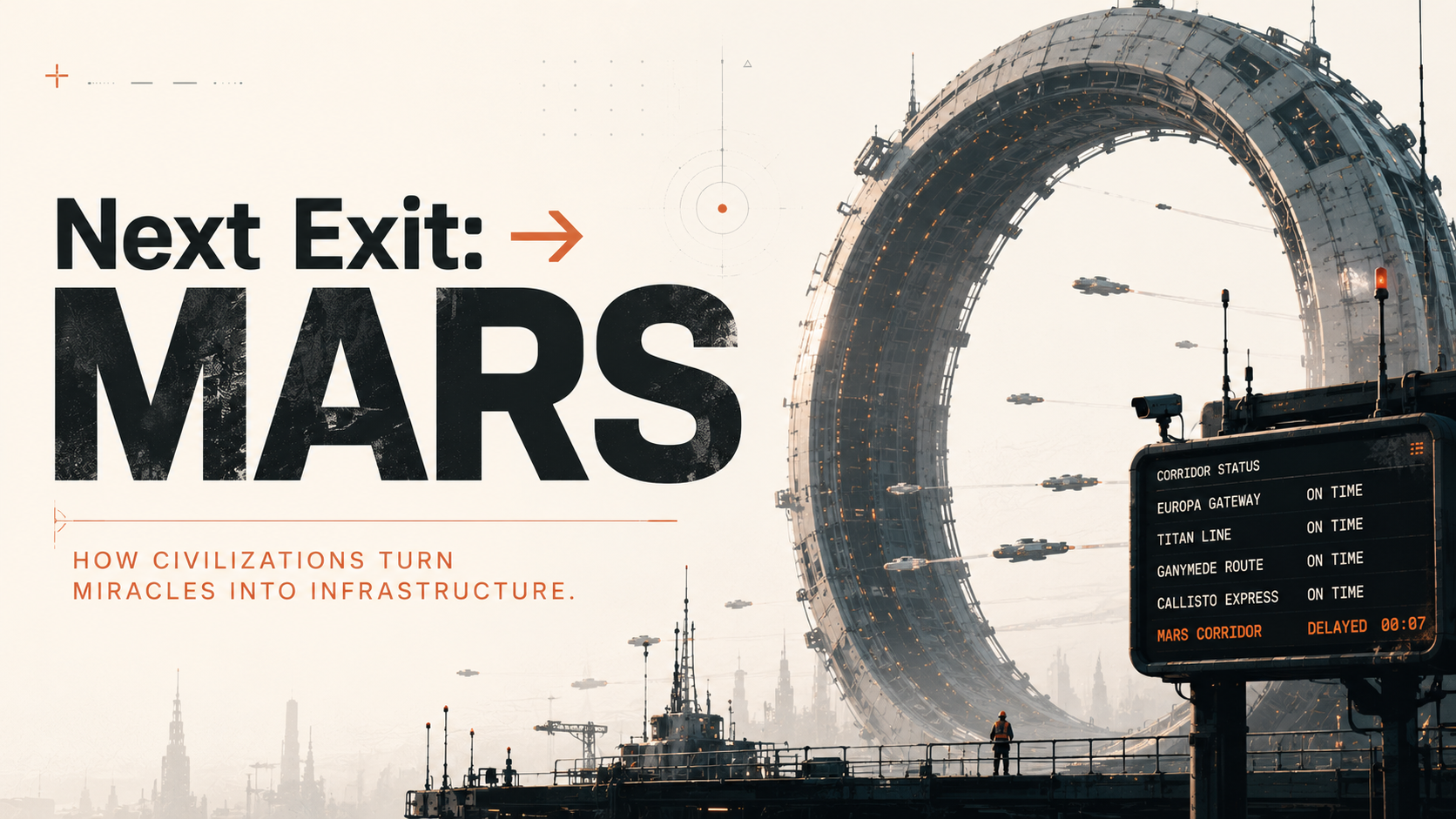 A futuristic transit sign pointing toward Mars above a vast transportation network stretching into space.