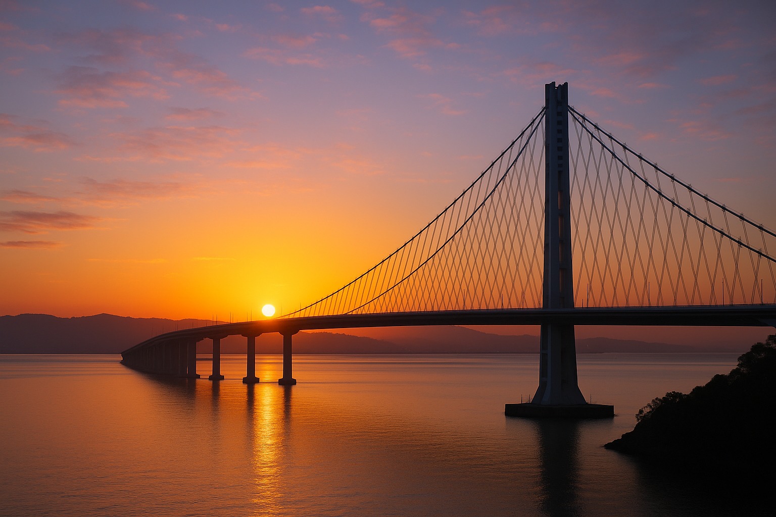 Sunrise over a suspension bridge, casting direct light across calm water