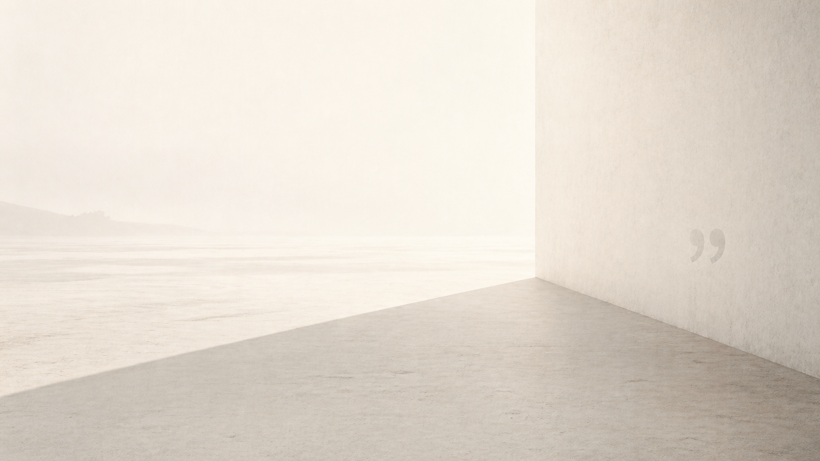 A minimalist pale landscape with a wall casting a long shadow and faint quotation marks