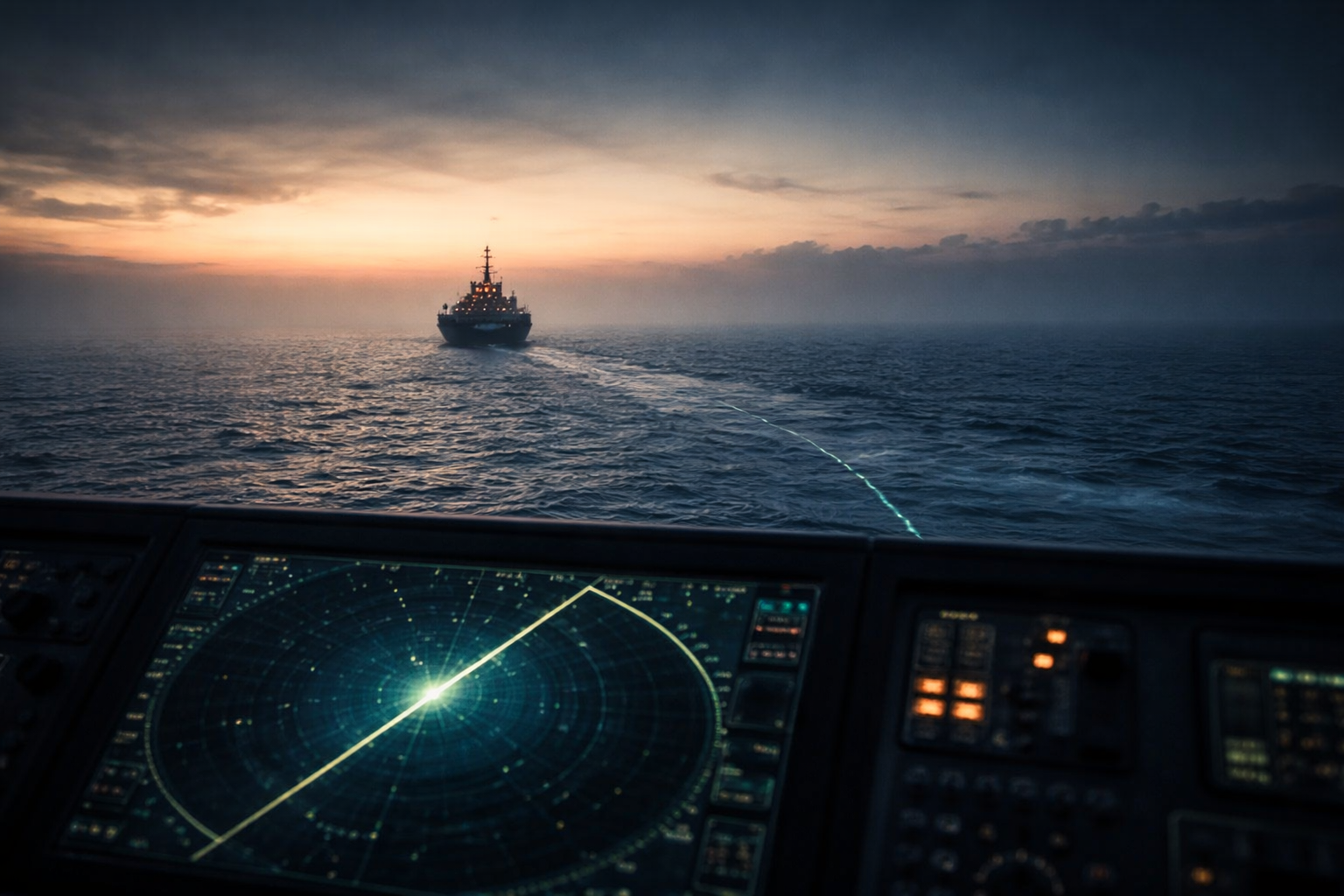 A ship at sea at dawn viewed from a navigation console, with a radar display showing a slight deviation from its intended course.