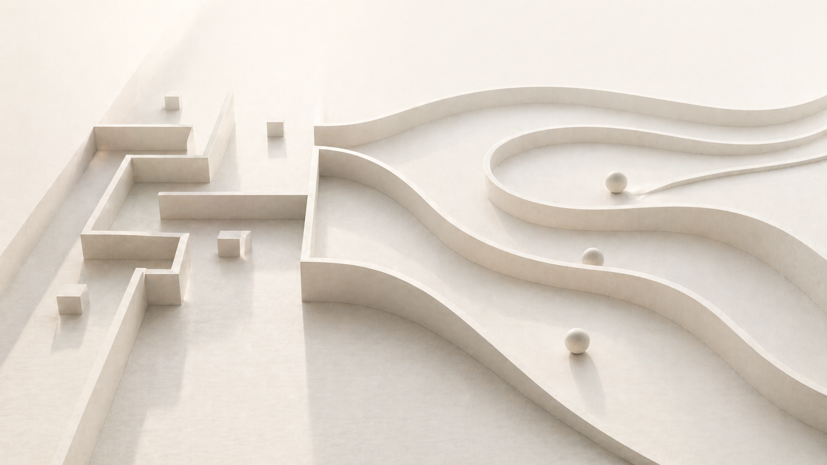A minimalist abstract system showing rigid angular paths on one side and smooth flowing curves on the other