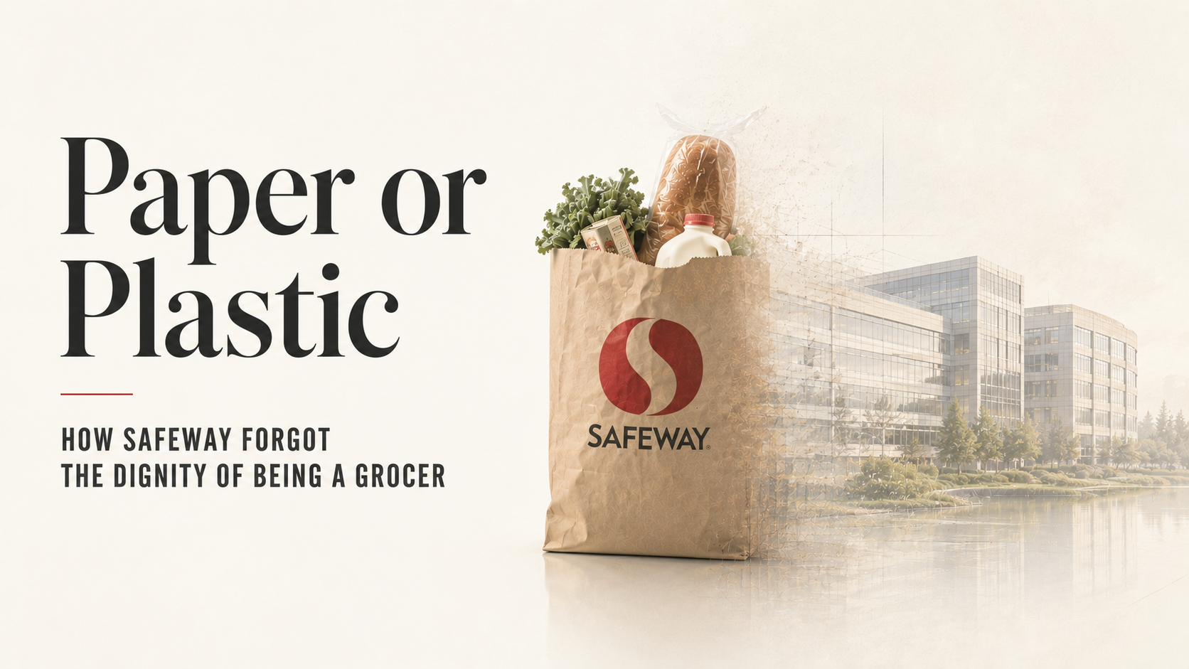 An aging grocery store fading into modern corporate office buildings