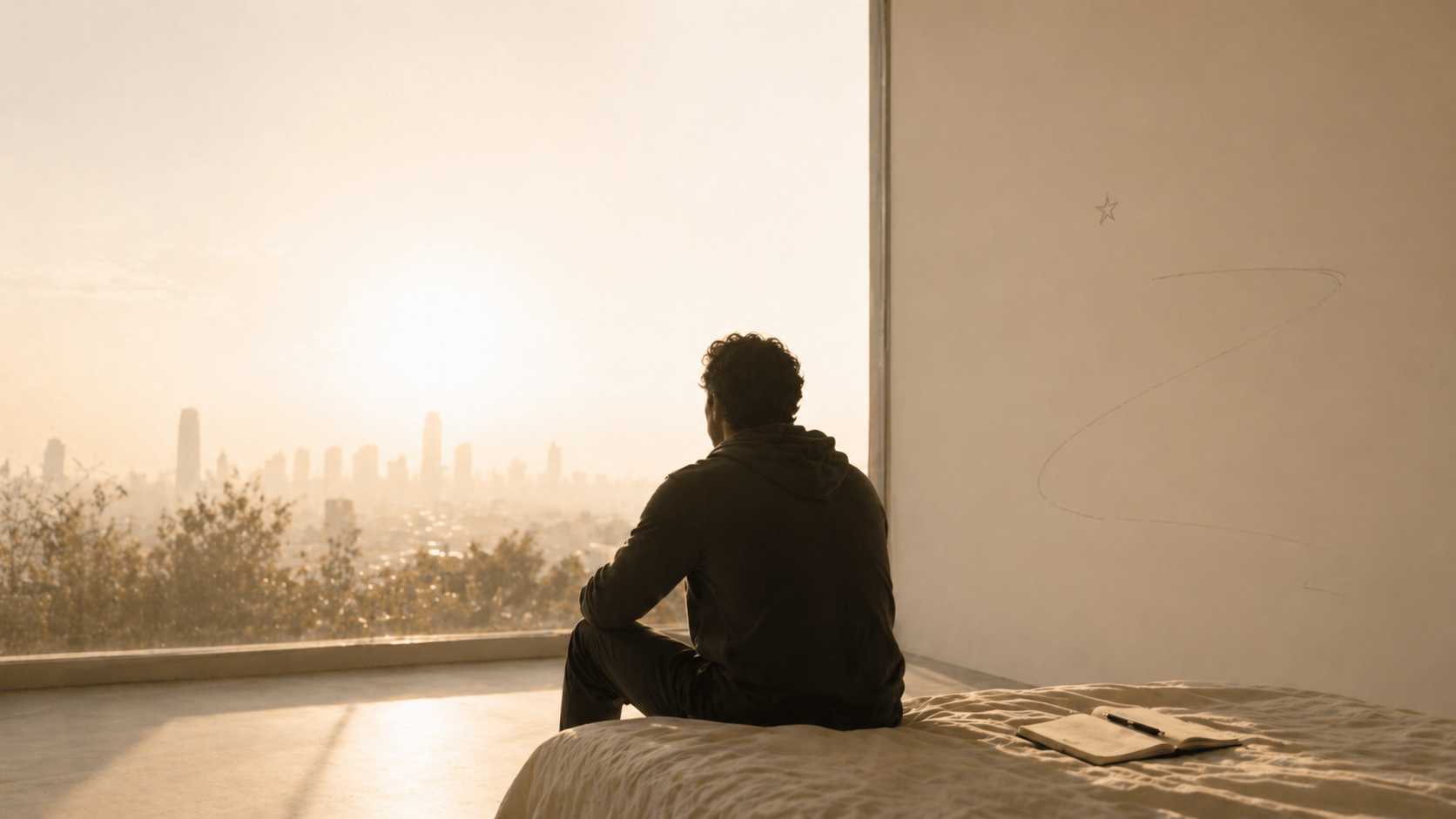 A solitary figure sitting upright in a softly lit room just after waking, symbolizing awareness, return, and the moment of personal clarity