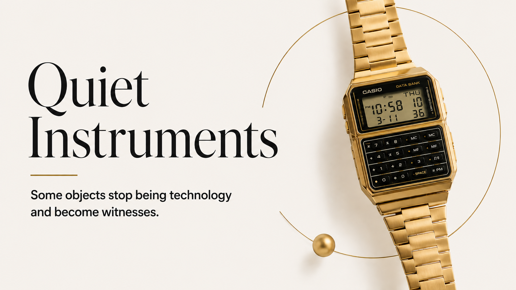 A gold calculator watch resting against a soft neutral background.