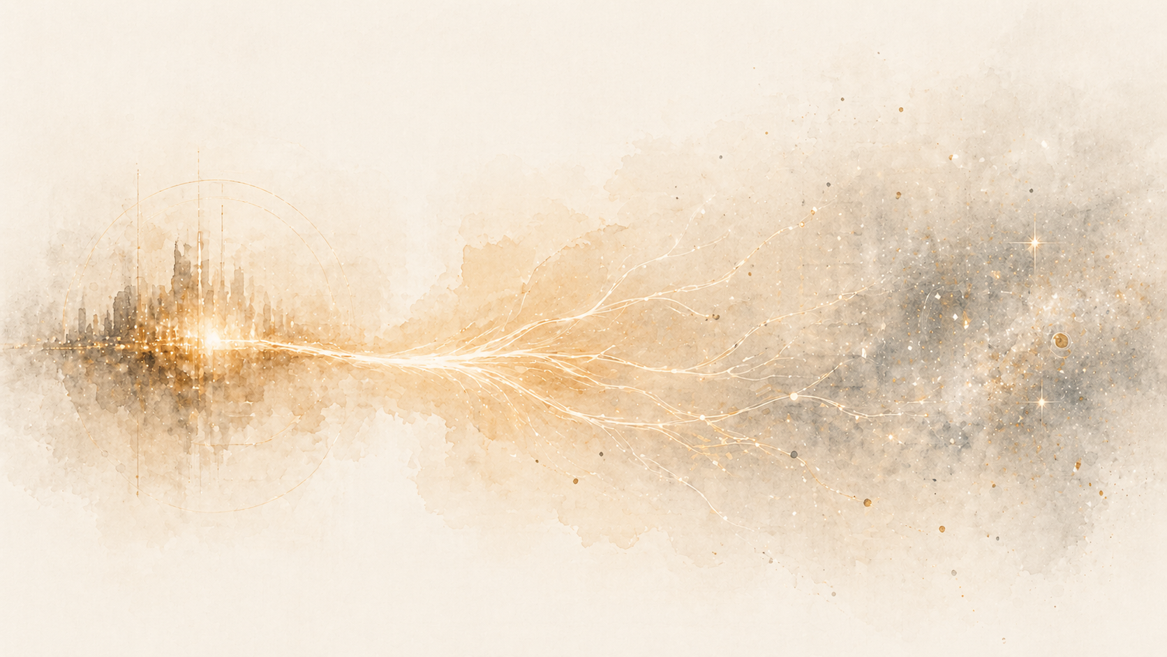 A soft arc of light flowing from a dense cluster into branching paths and fading into a sparse field