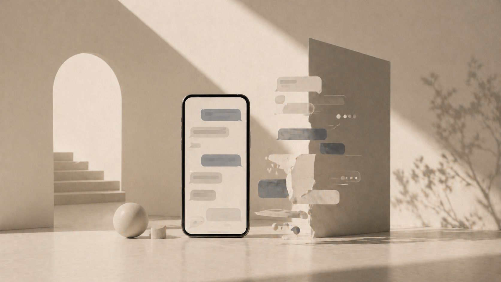A smartphone in a minimalist space displays abstracted message fragments that drift and misalign, suggesting confusion, inconsistency, and emotional signal loss