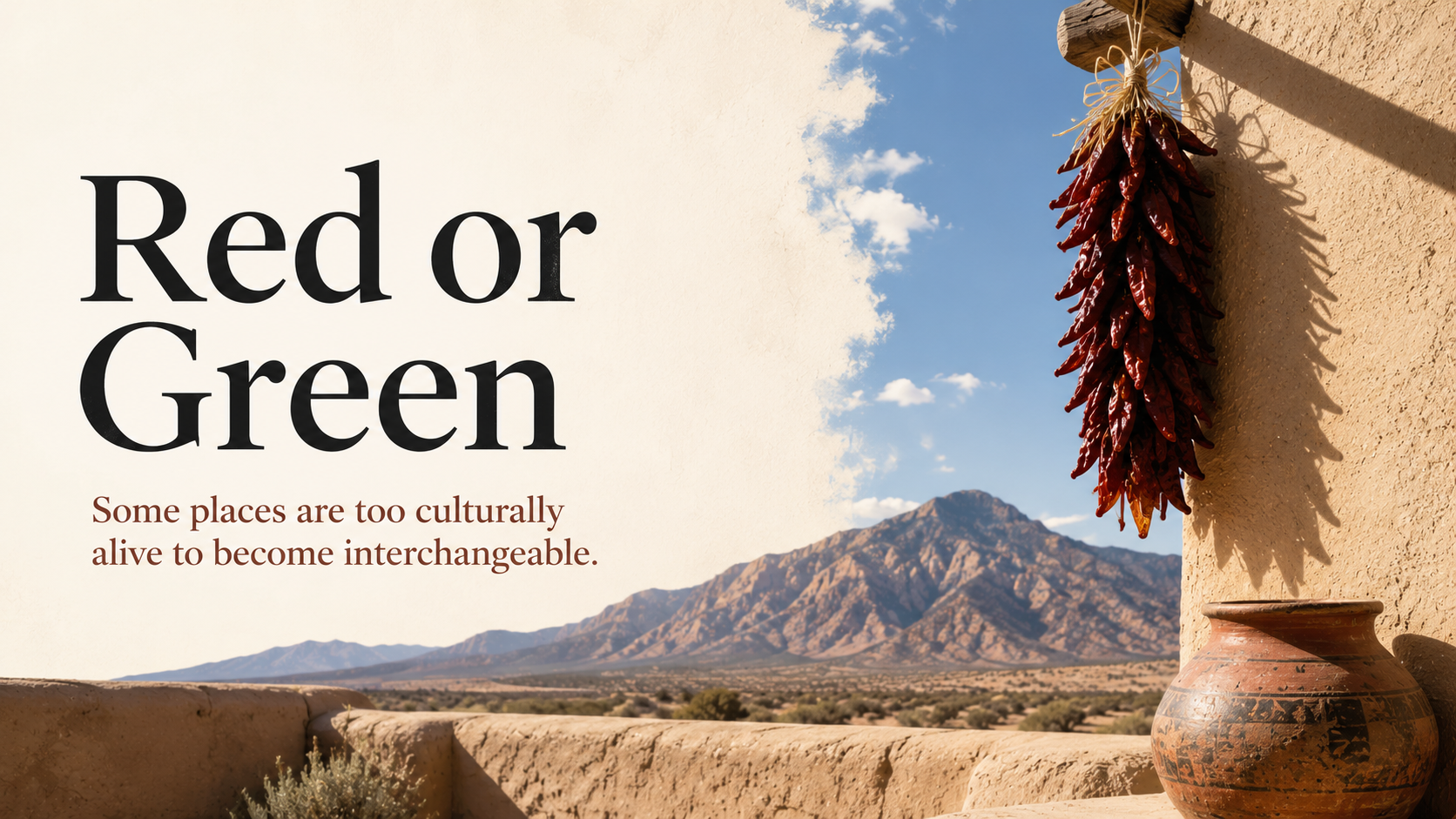 Adobe patios, chile ristras, pottery, and high desert light beneath deep blue New Mexico skies.