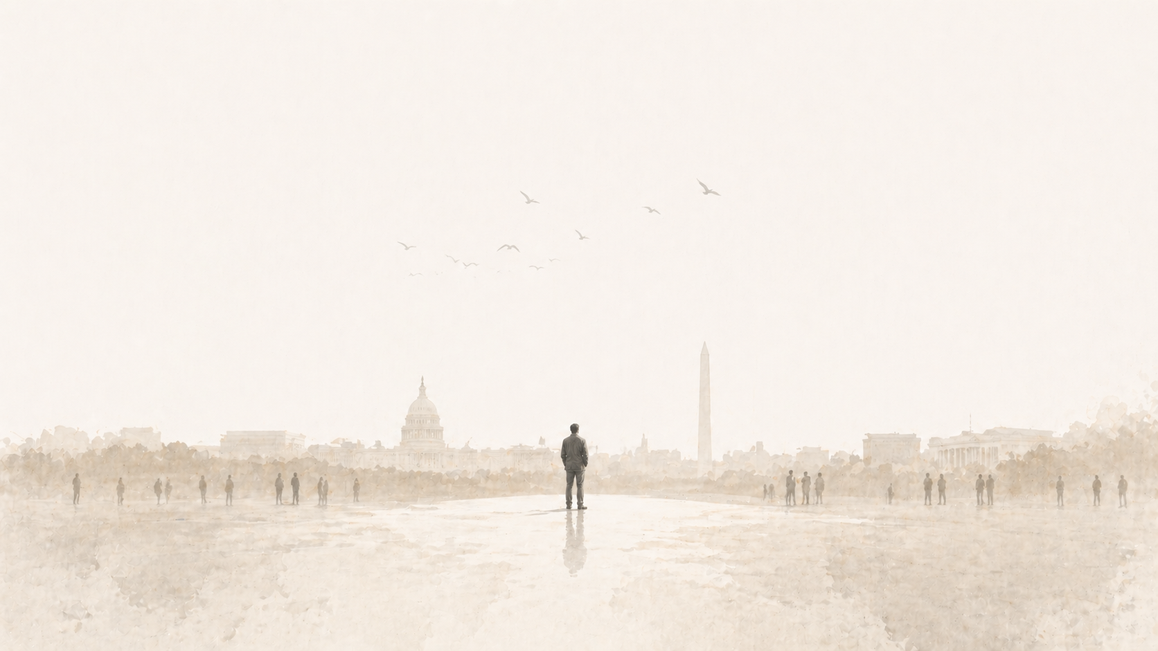 A lone figure standing before a distant civic skyline with scattered people in the foreground