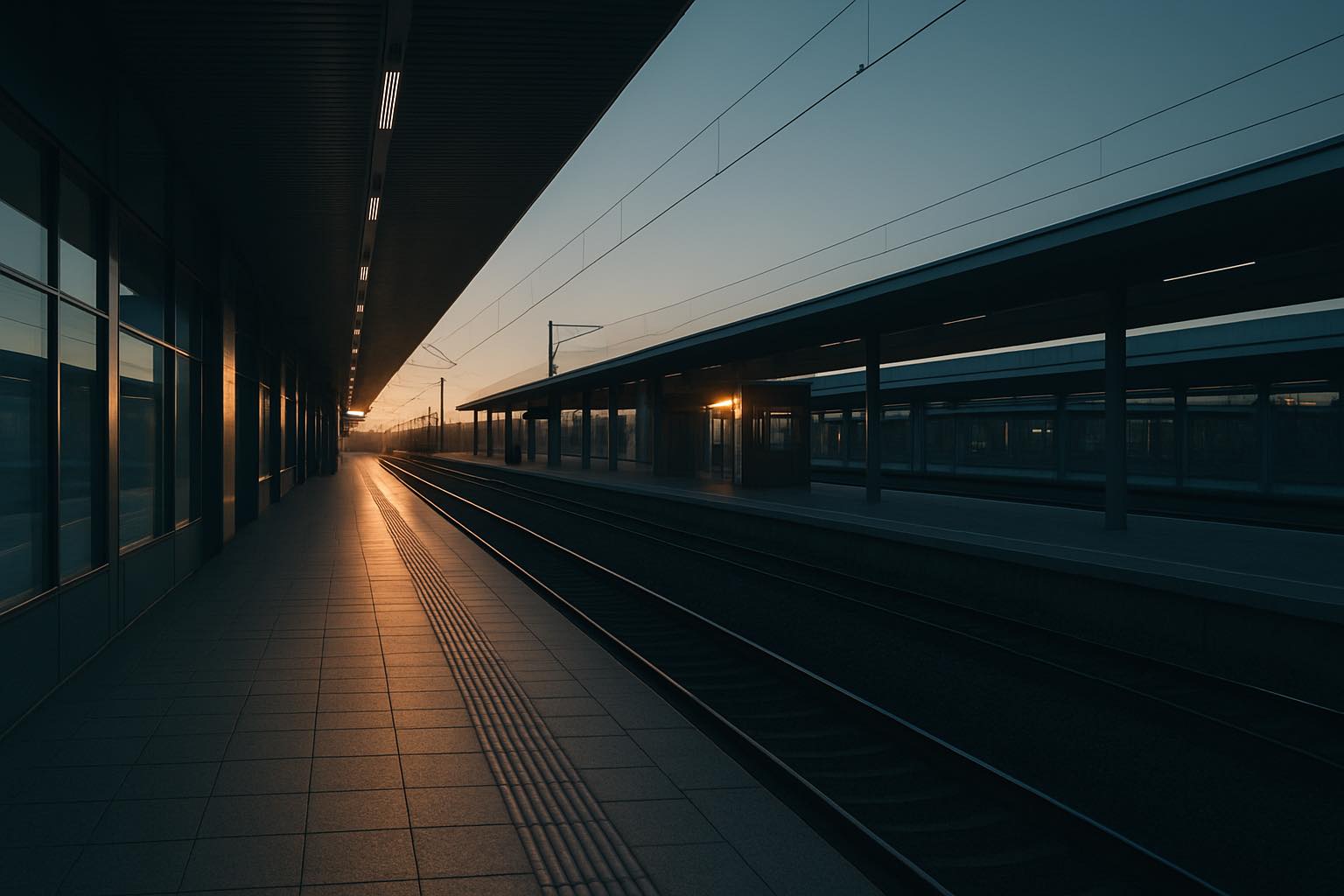 Quiet train platform at sunrise with long shadows and a distant light at the end of the tracks
