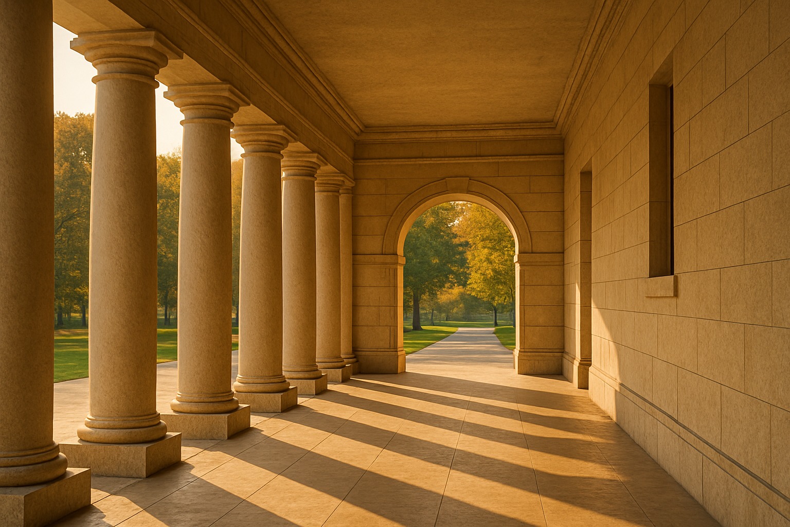 Sunlit colonnade with long shadows leading through an arched passage into a park