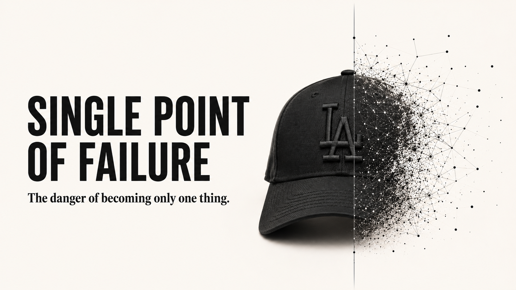 A minimalist composition featuring a black baseball cap against a geometric background.