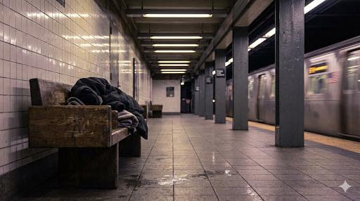 Empty subway platform with a person sleeping on a bench as a train passes