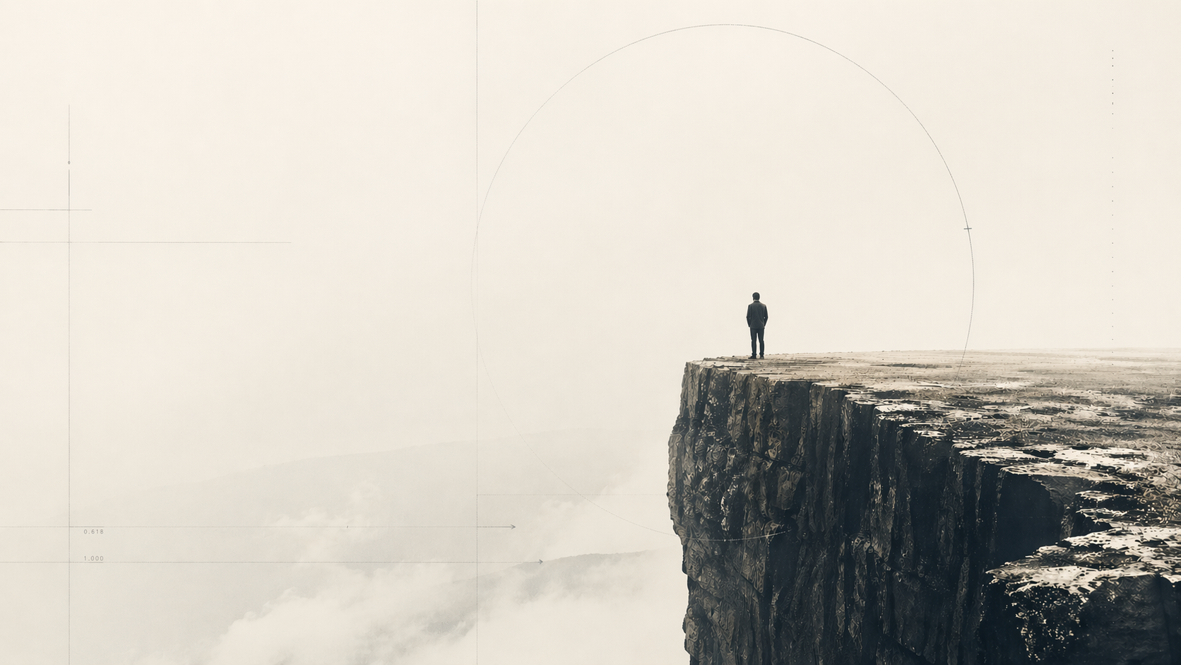 A solitary figure stands at the edge of a stark cliff above a pale, fog-filled expanse, suggesting quiet tension, uncertainty, and the shifting boundary between control and consequence.