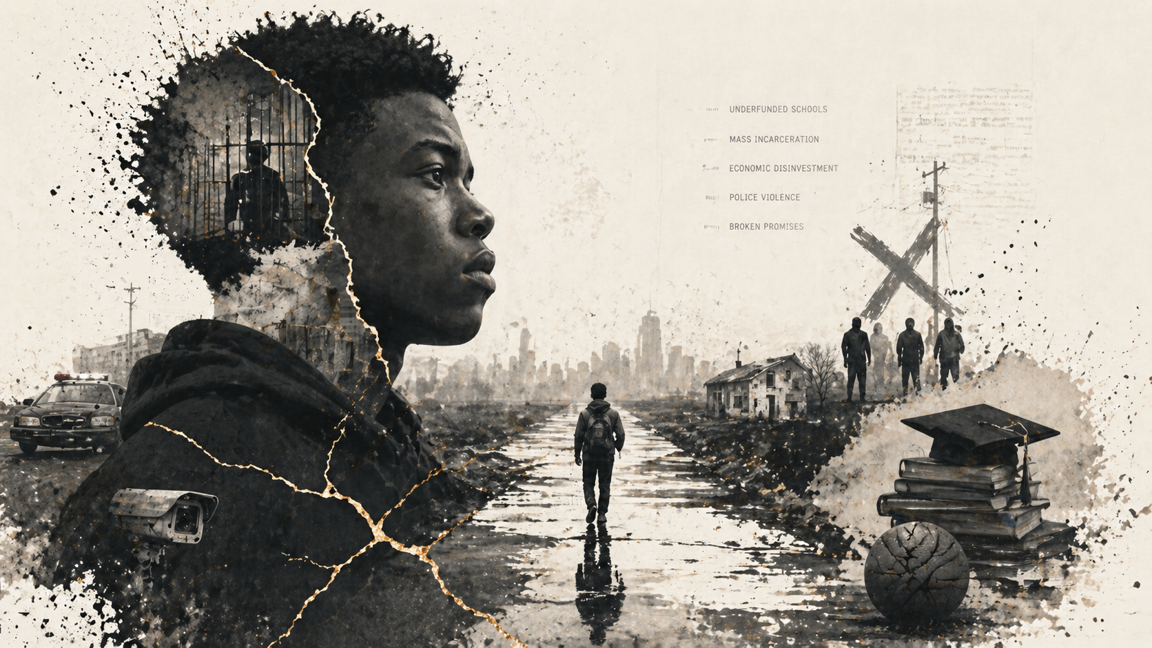 A fractured urban landscape with a lone figure moving forward, symbolizing resilience within systemic collapse and absence of institutional support