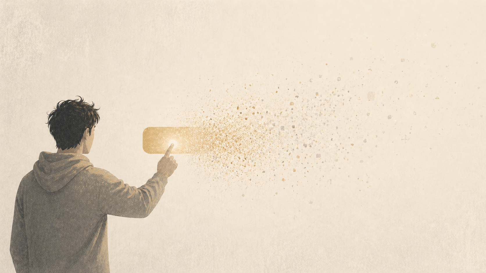 A person pressing a glowing button that dissolves into particles