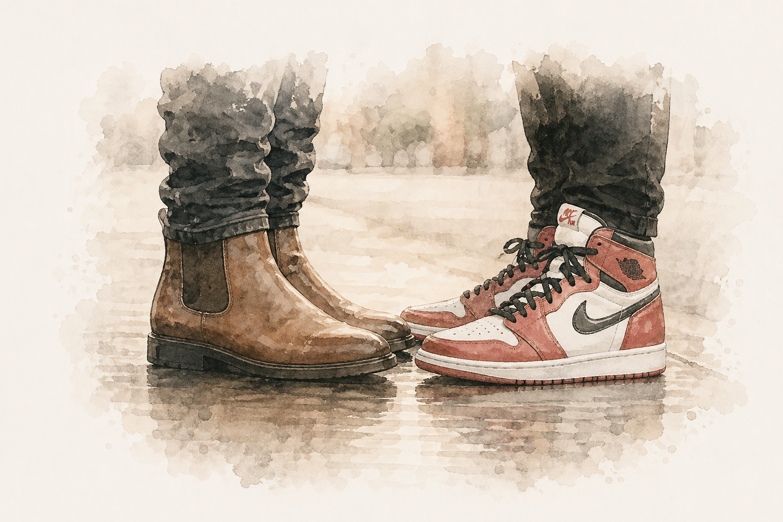 A pair of brown Chelsea boots facing red and white sneakers on a soft reflective surface