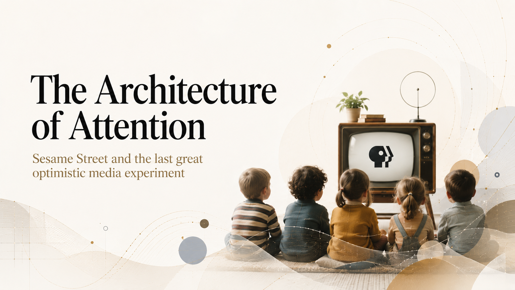 Abstract educational shapes and soft broadcast-style geometry against a warm neutral background.