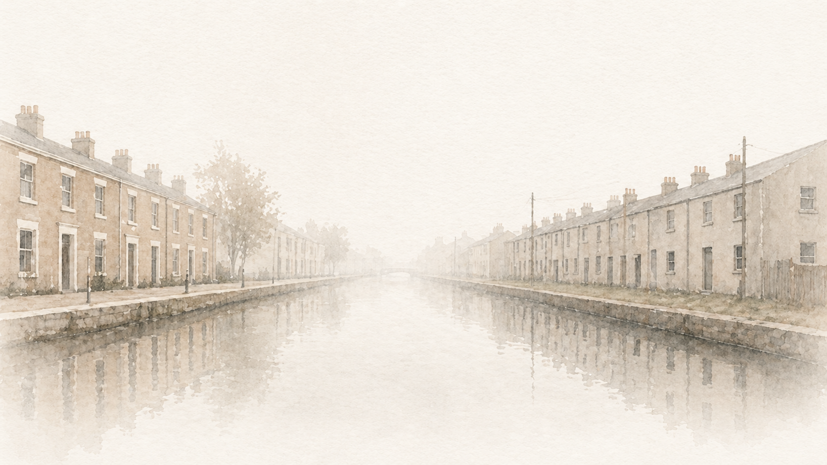 A foggy canal lined with modest homes on one side and damaged buildings on the other