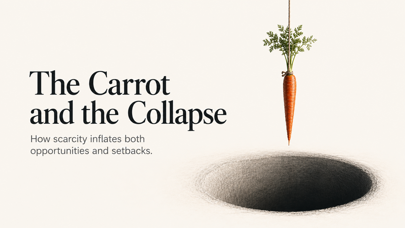 A lone carrot suspended above a widening shadow, representing the distortion of opportunity and risk under scarcity.