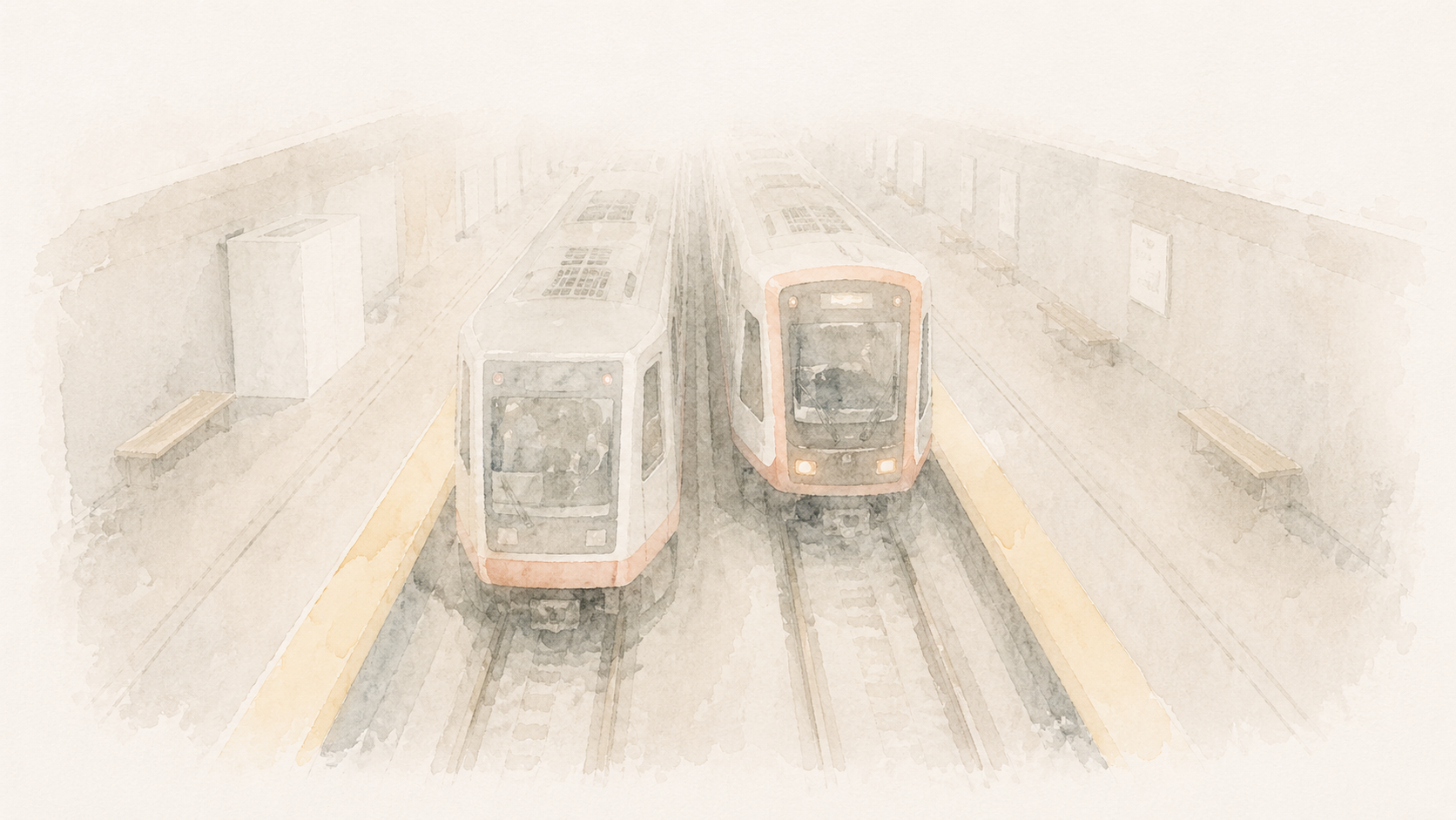 Two trains resting on parallel tracks in a quiet, softly lit station